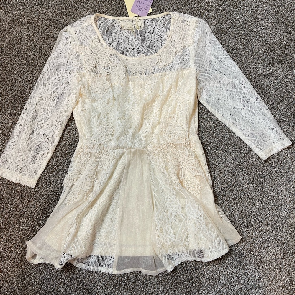 A’Reve Sheer Lace Ivory Tie Blouse Long Sleeve L